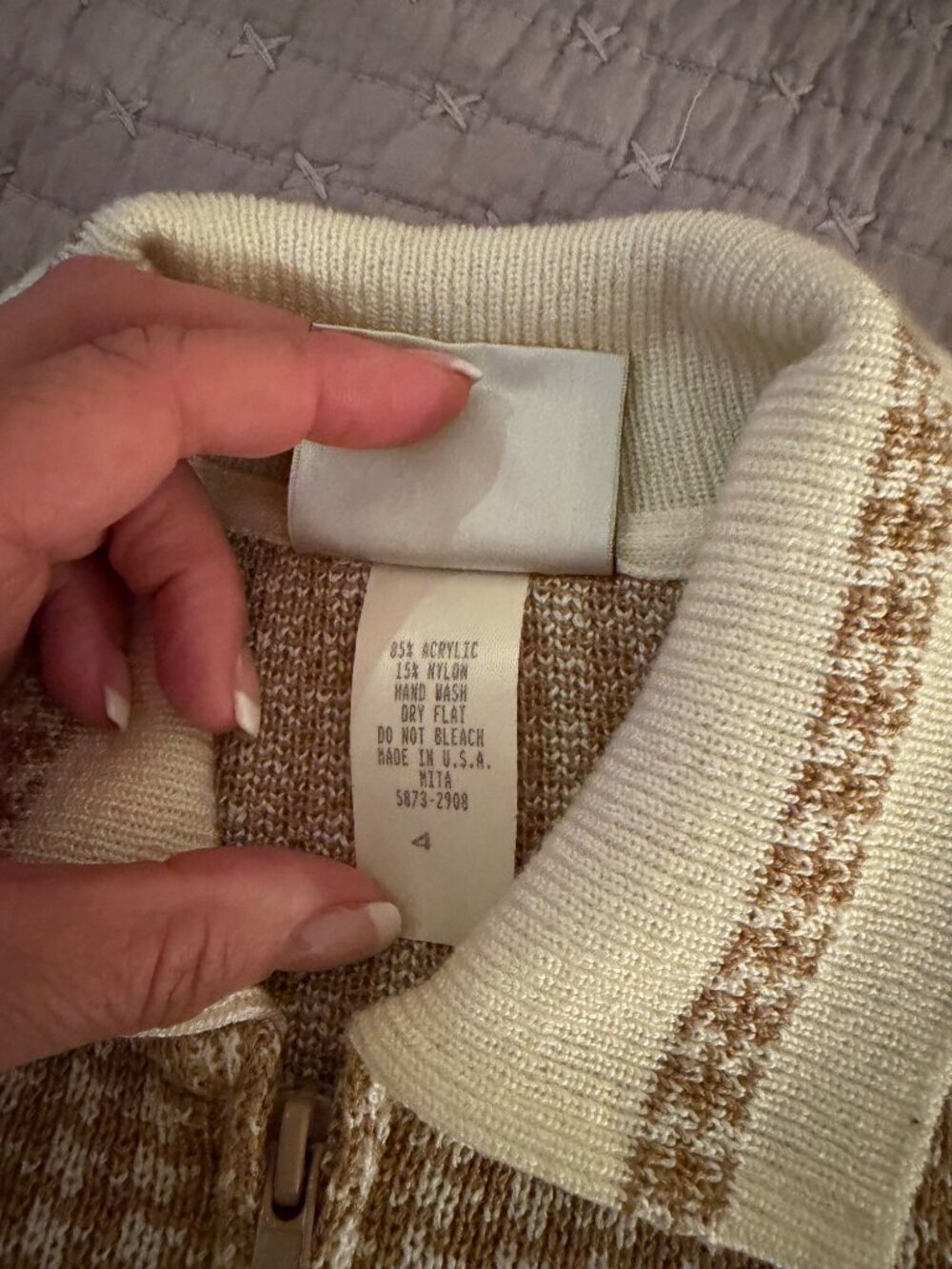 Mita Cardigan Womens Zip-up Cardigan Sweater Size 4 Tan Knit Houndstooth Vintage - Picture 5 of 10